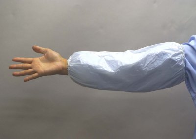 画像2: 使い捨てＰＥアームカバー 乳白色 フリーサイズ 1枚当り30.36円(税抜)【200枚入】全長約38cm　曲げ伸ばし楽々！軽くてしっかり手首から肘をカバー！