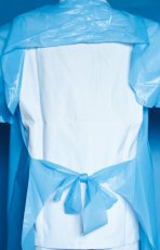 画像2: ポンキー前掛 袖付 ブルー（エンボス加工） フリーサイズ 1枚当り102円【200枚入り】190cmx110cm 割烹着式なので腕の部分までしっかりガード！【使い捨て前掛】【使い捨てエプロン】【ビニールエプロン袖付き】 (2)