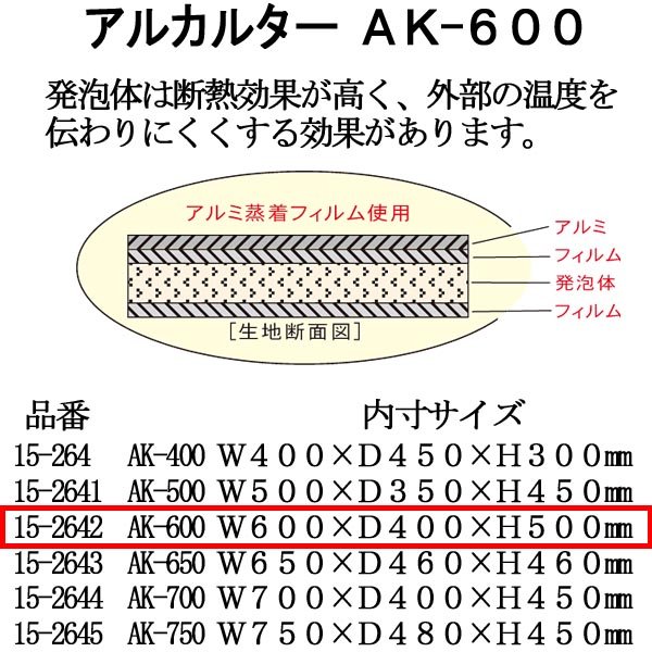 ≪大型アルミバッグ≫アルカルター AK-600 大型ばんじゅう用（W600mm×D400mm×H500mm） 1個入り 【番重】【アルミ保冷バッグ 】【保温バッグ】【保冷バック】【業務用保冷袋】生鮮素材、飲料、お弁当、お惣菜の保冷・保温に最適！